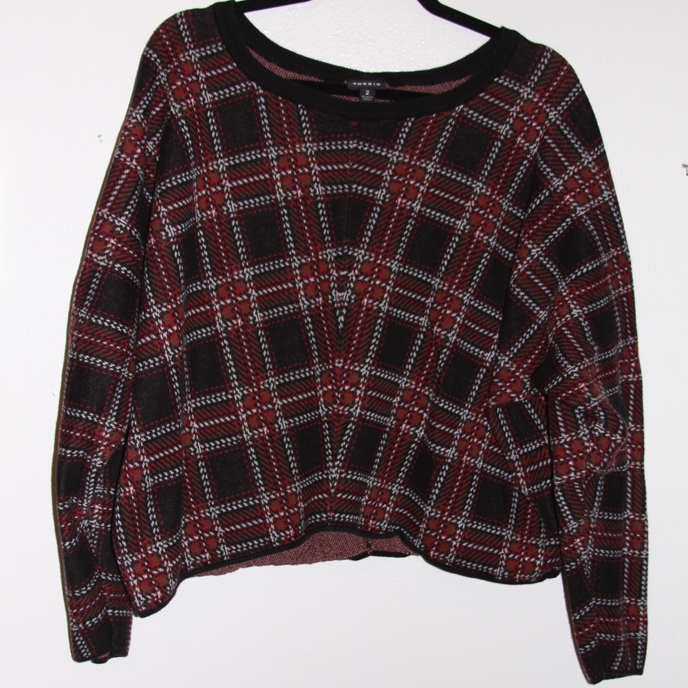 Torrid Red and Black Plaid Cropped Sweater